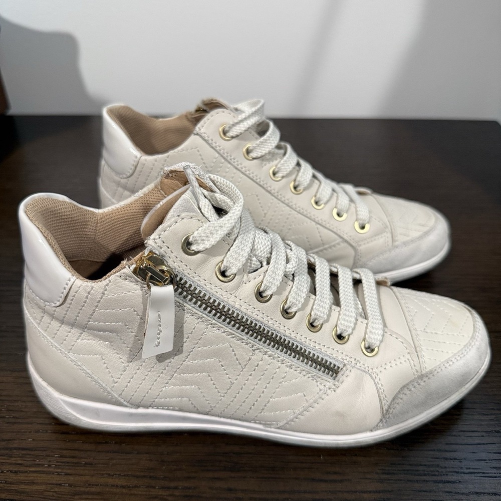 GEOX RESPIRA HIGH TOP Leather White SNEAKERS Retro Side Zip Coastal WOMENS SZ 6